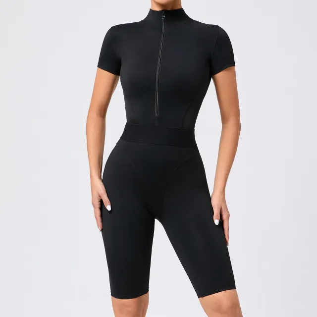 Tight Waist Open Collar Zipper Short Sleeve Yoga Jumpsuit Black - Shop at LoveMi