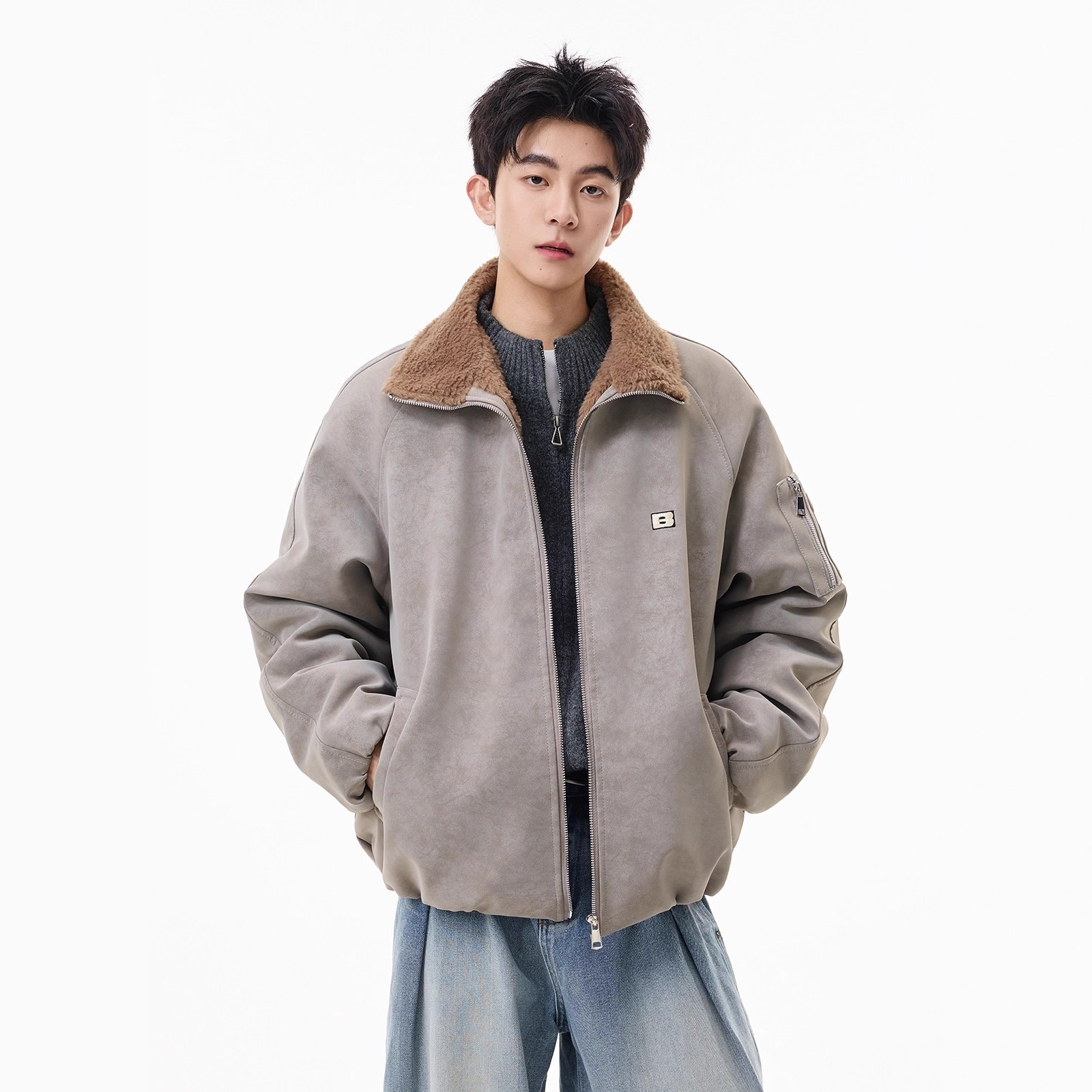 Mens American-style Fleece-lined Cotton Coat With A Lapel Featuring Tie-dye PU Leather And Fur In One And Extra Padding