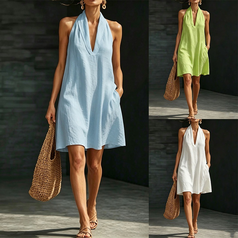 Casual Short Solid-color V-neck Dress