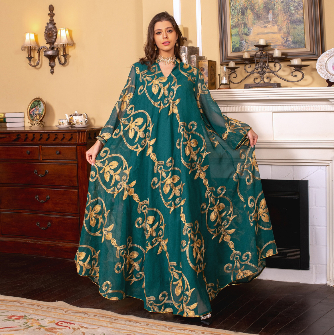 Arab Dubai Embroidered Mesh Dress European Muslim Party Dinner Fashion - Image 6