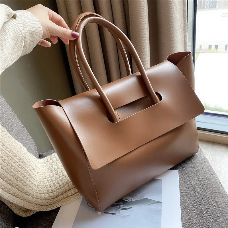 Fashion Women Shoulder Bags Large Capacity Handbags Simple Retro Tote Bags Solid Color Famous Brand Bags - Brown