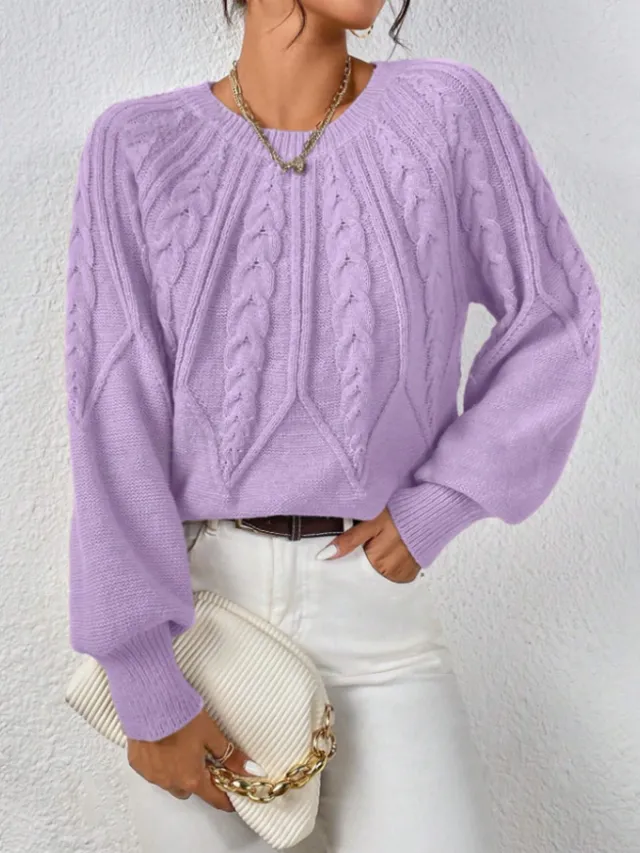 Round Neck Knitted Sweater Female Twist Thread Solid Color Versatile Casual Top Light Purple - Shop at LoveMi