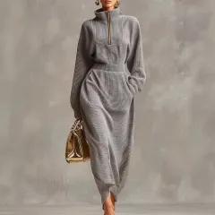 Elegant Casual V-neck Long-sleeve Light Grey Waffle-knit Dress With A Front Zipper - Grey - View 1