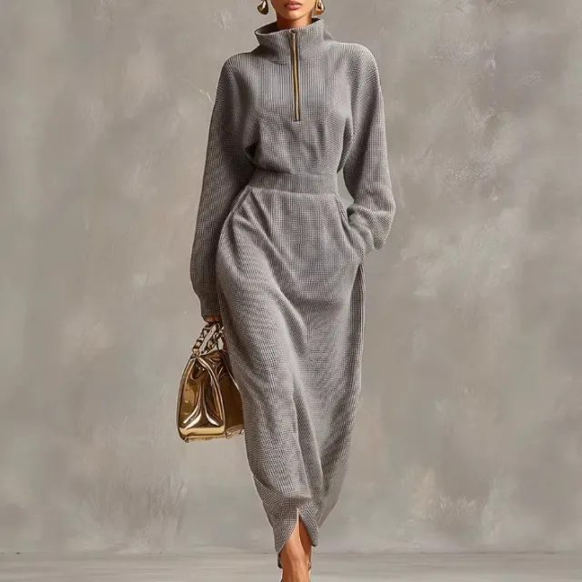 Elegant Casual V neck Long sleeve Light Gray Waffle knit Dress With A Front Zipper Gray - Shop at LoveMi