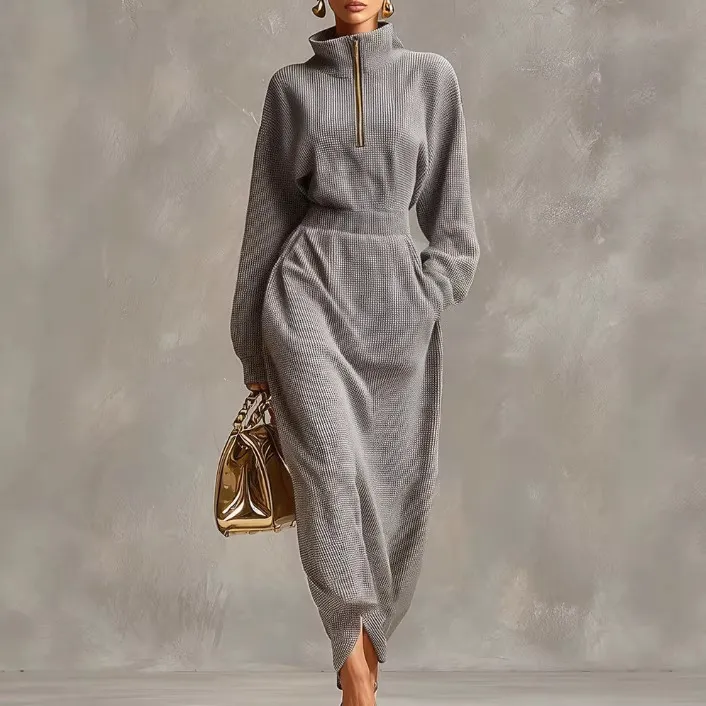 Elegant Casual V-neck Long-sleeve Light Gray Waffle-knit Dress With A Front Zipper - Gray