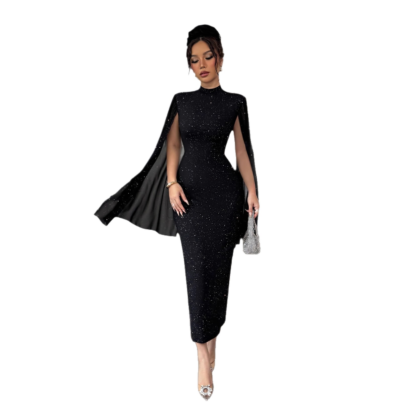 High-neck Sequined Lantern-sleeve Slim-fit Sexy Elegant Dress
