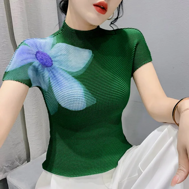 3D Printed Summer Fashion Large Flower Slimming Short sleeved T shirt Green - Shop at LoveMi