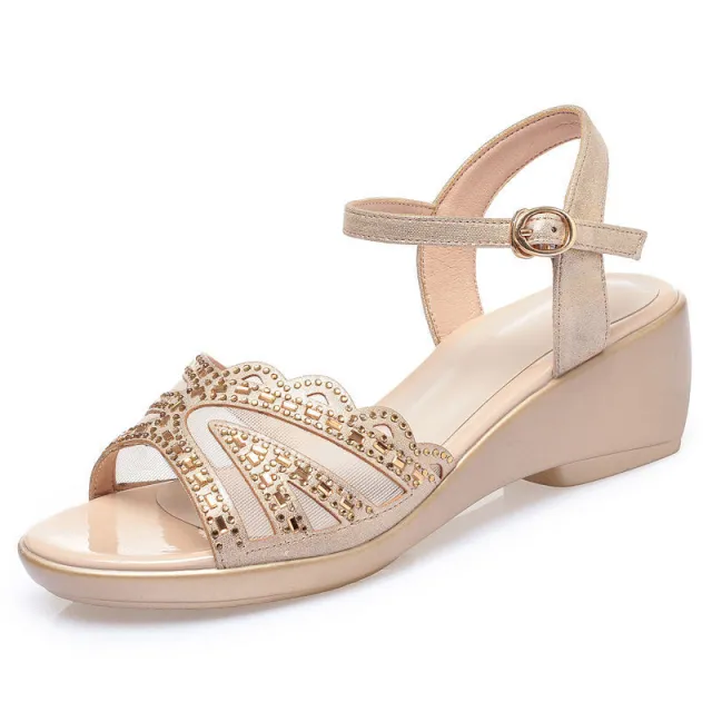 Women's Summer Chunky Mid Wedge Sandals With One Line Buckle Heels Gold - Shop at LoveMi