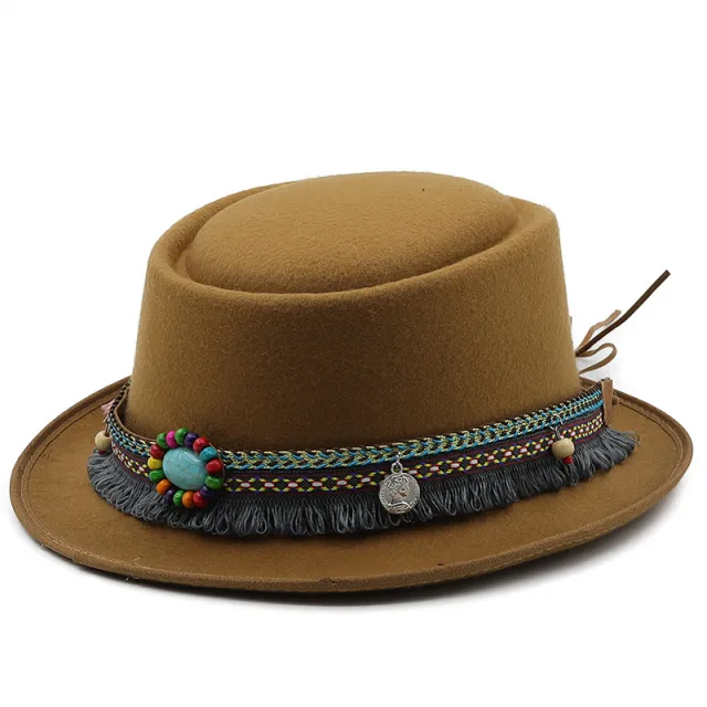 Women's Flat Top Flat Brim Woolen Hat Camel - Shop at LoveMi