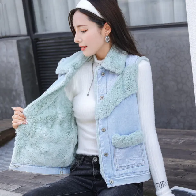 Korean Style Loose Winter Denim Vest Light Blue - Shop at LoveMi