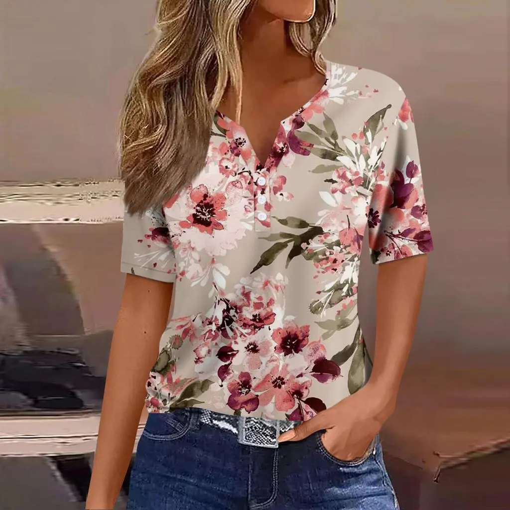 Women's Striped Gradient Flower Print Three-button V-neck Short Sleeve - Jyq47101509-3Xl