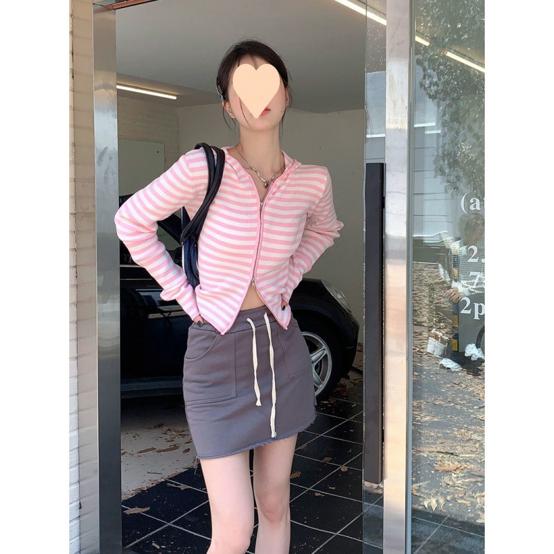 Striped Hooded Long-sleeved Knitted Cardigan Jacket