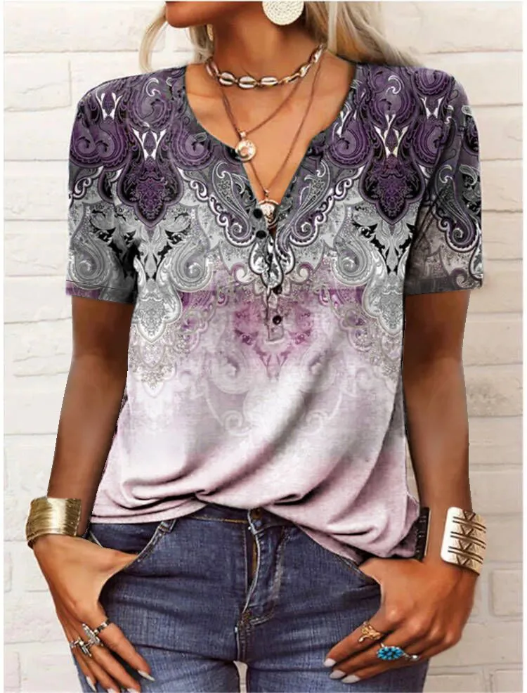 Women's Short-sleeved Printed Ethnic Fashion T-shirt - Pink