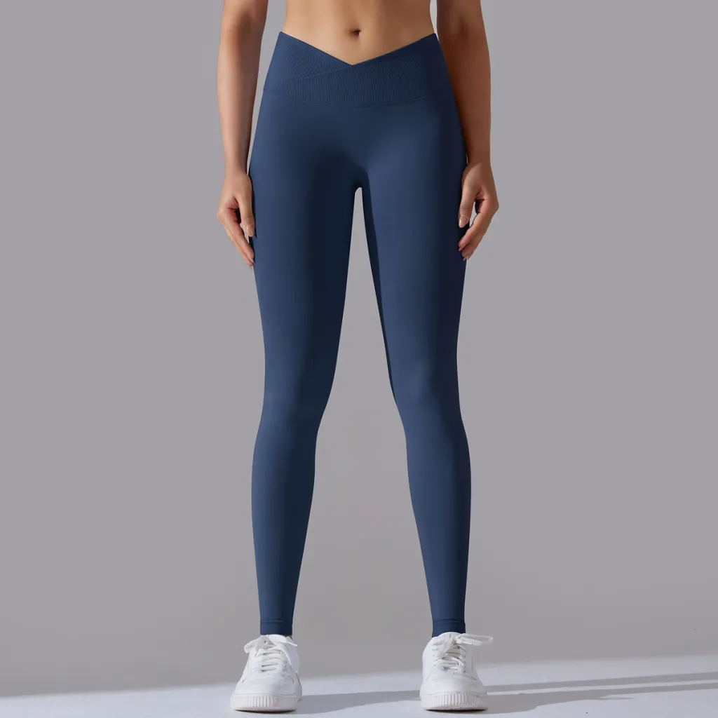 Women's Seamless Knit Breathable Solid Color Cross Waist Yoga Trousers - Dark Blue