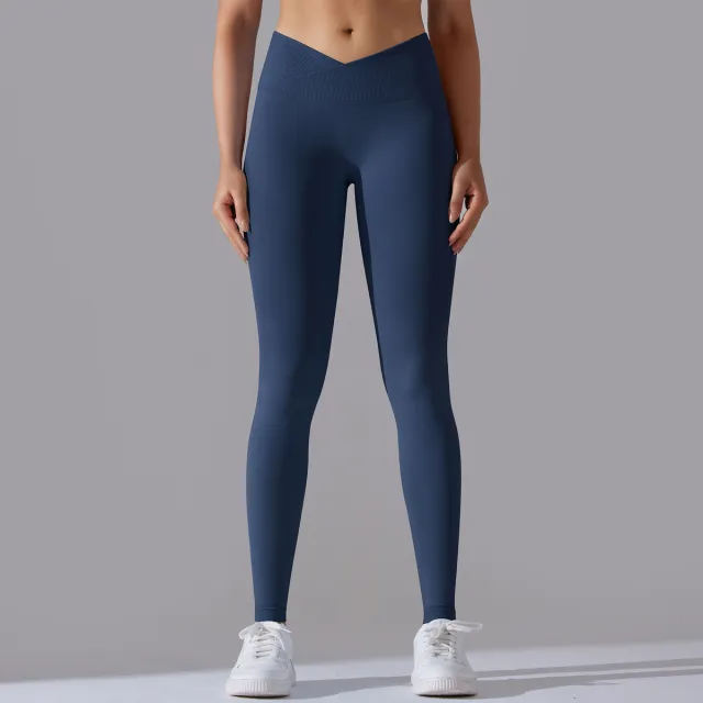 Women's Seamless Knit Breathable Solid Color Cross Waist Yoga Trousers Dark Blue - Shop at LoveMi