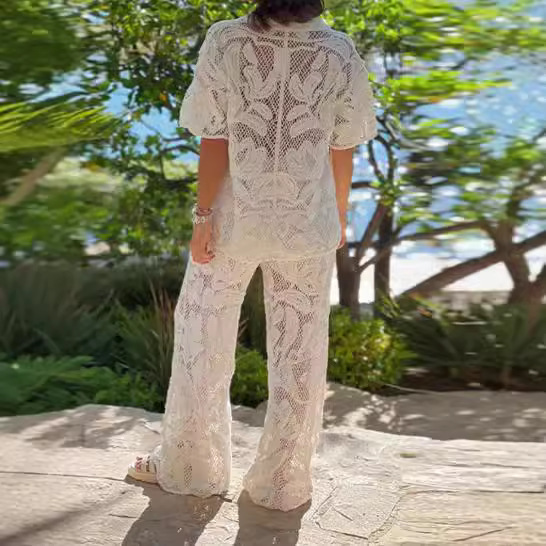 Comfort And Casual Lapel Hollow Top And Trousers Suit