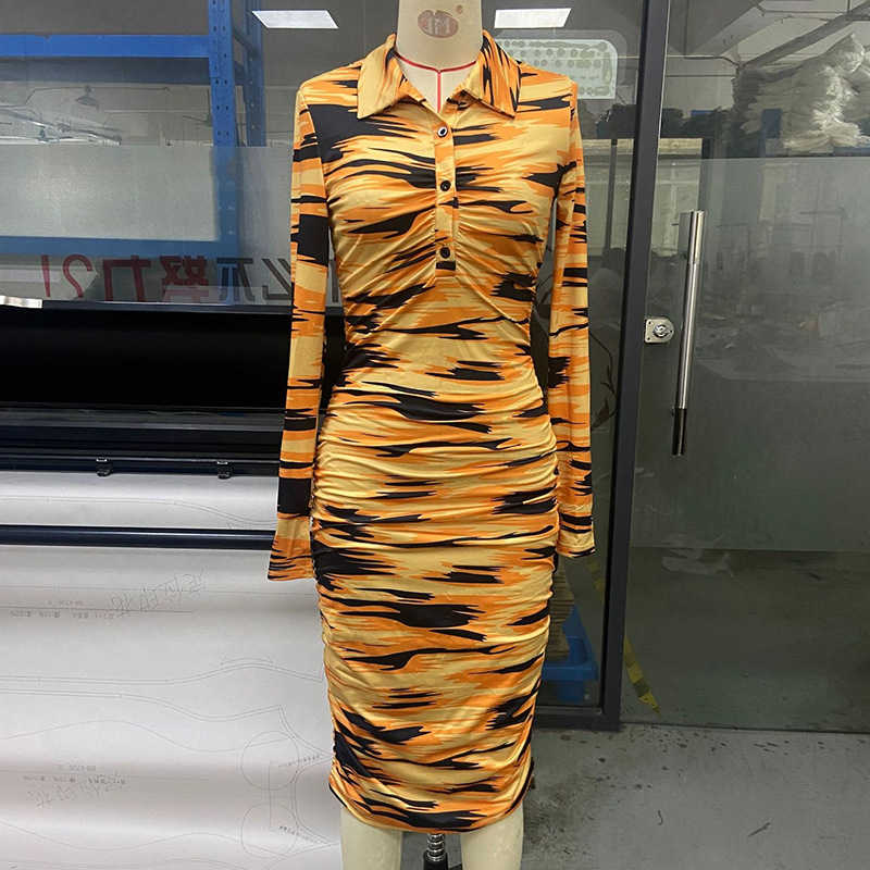 Pleated Long Sleeve Slim Fit Elegant Dress Orange - Shop at LoveMi