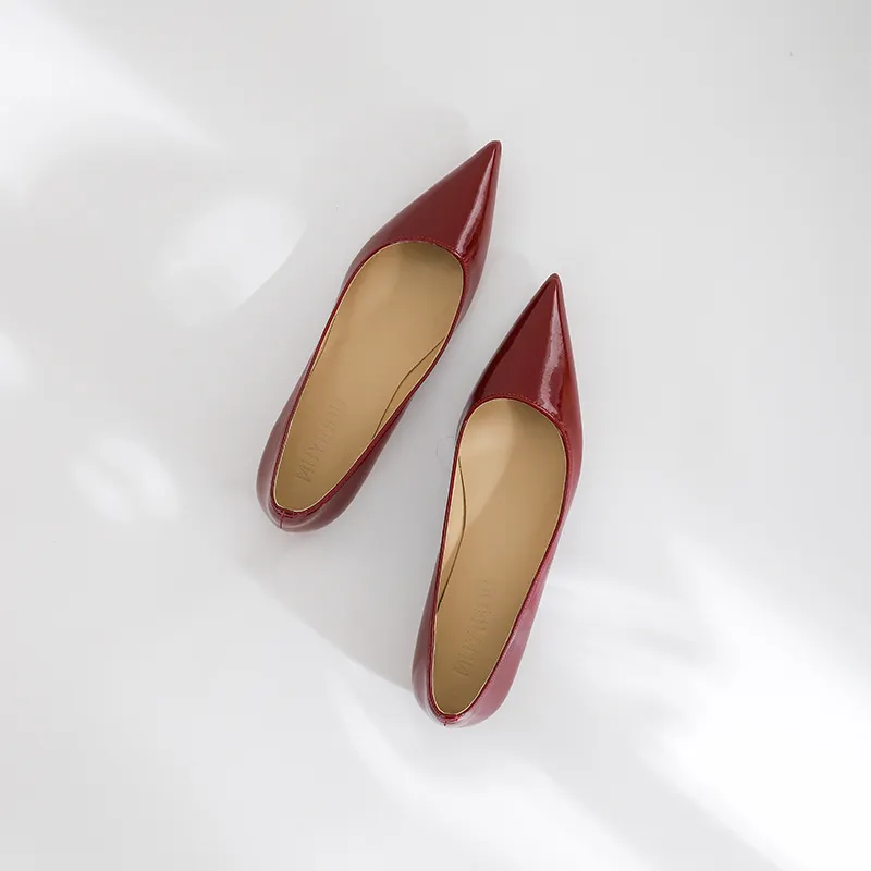 Red Bottom Nude Pointed Flat Shoes - Wine