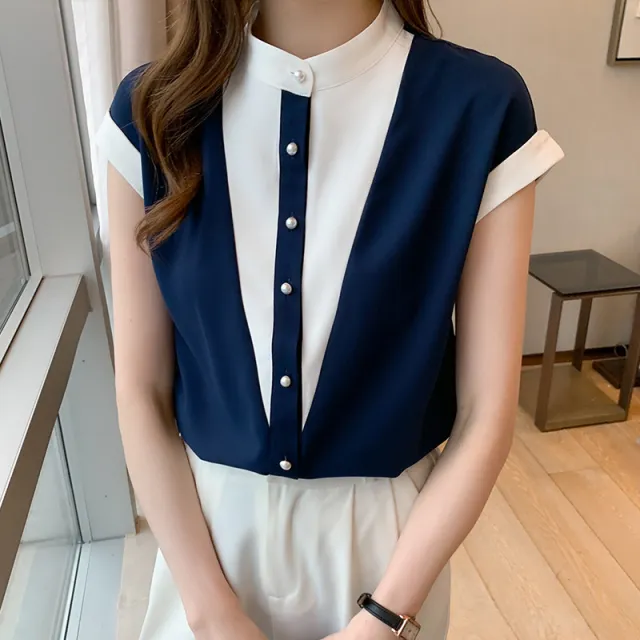 Temperament Contrast Color Small Stand Collar Stitching Short Sleeve Shirt Tan - Shop at LoveMi