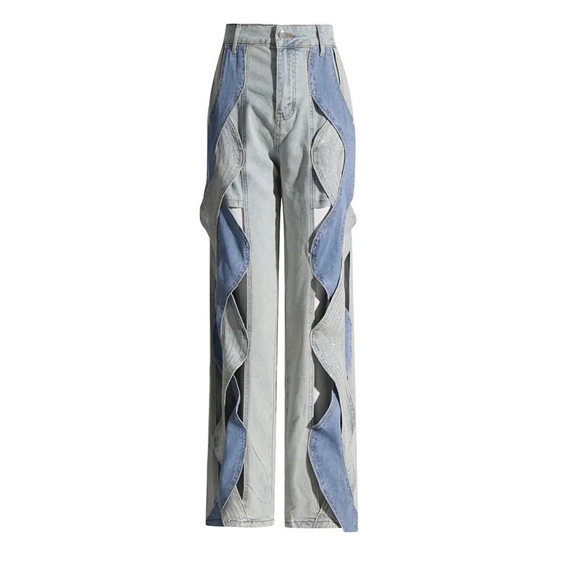 Women's Fashion Casual Patchwork Contrast Color Twisted High Waist Jeans - Blue