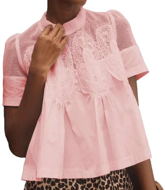 Women's Fashionable Lace trimmed Crew neck Embroidered Solid color Loose Top Pink - Shop at LoveMi