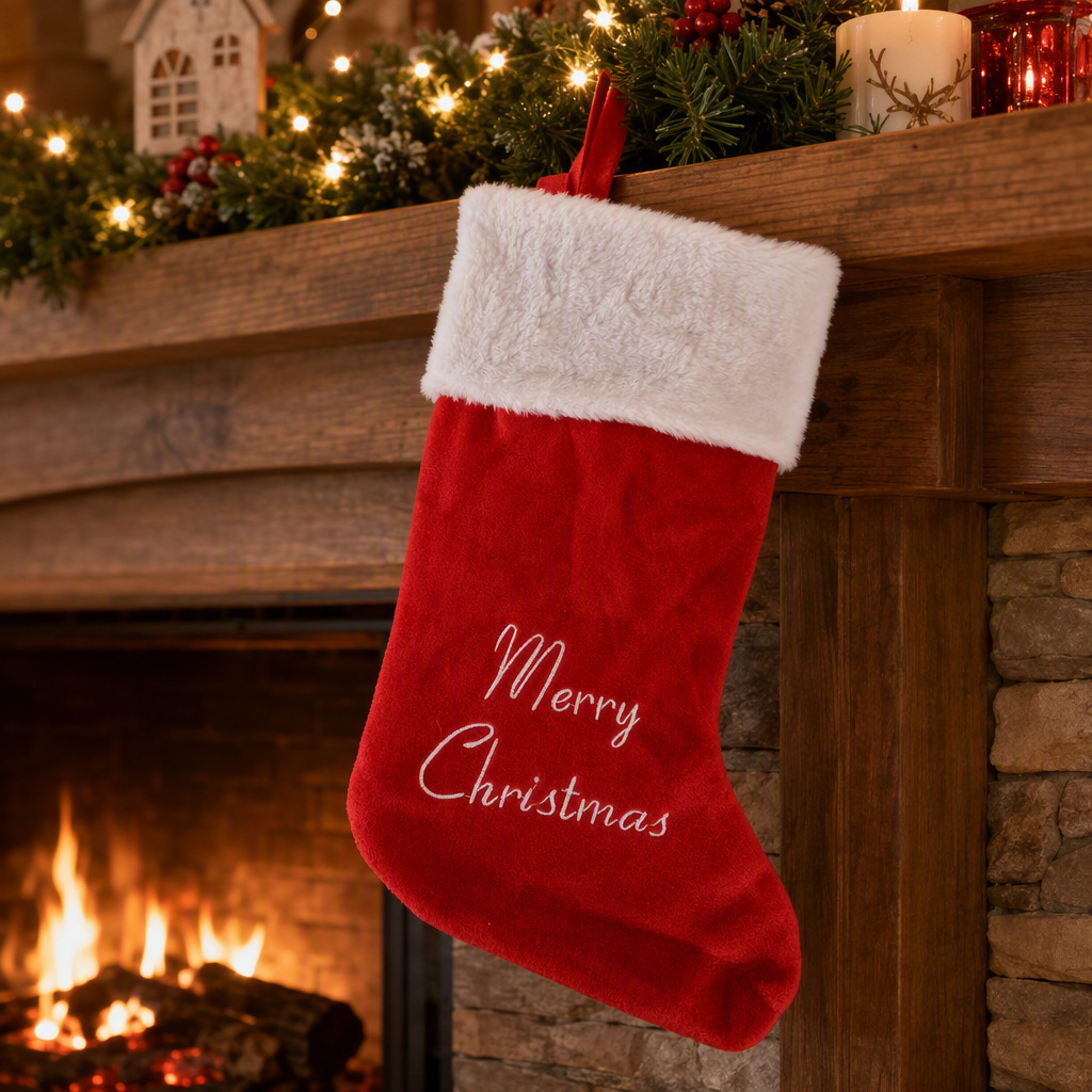 Merry Christmas Velvet-Style Stocking — product details