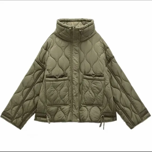 Women's Fashionable All match Casual Loose Diamond Lattice Stand Collar Long Sleeve Cotton padded Jacket Army Green - Shop at LoveMi