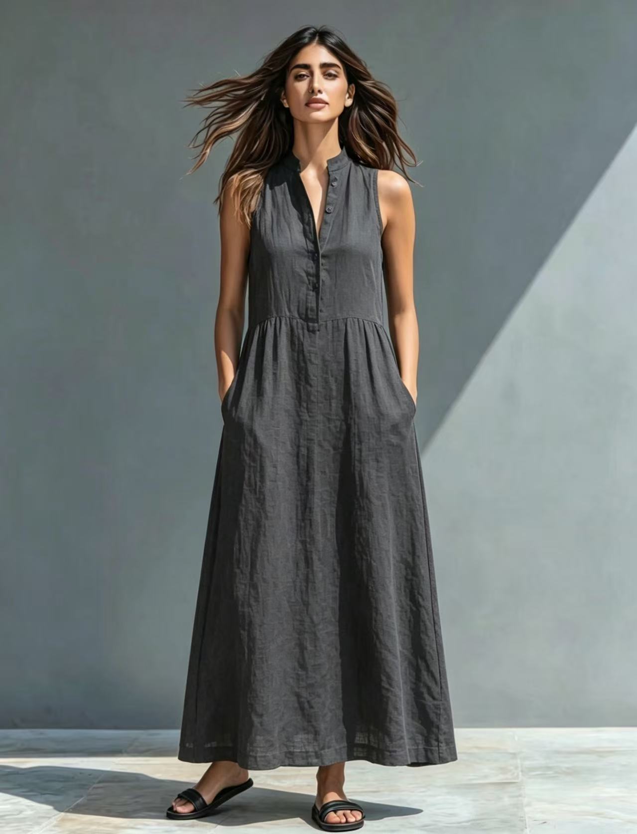 Women's A-Line Maxi Dress in Gray – stand collar flowy resort dress