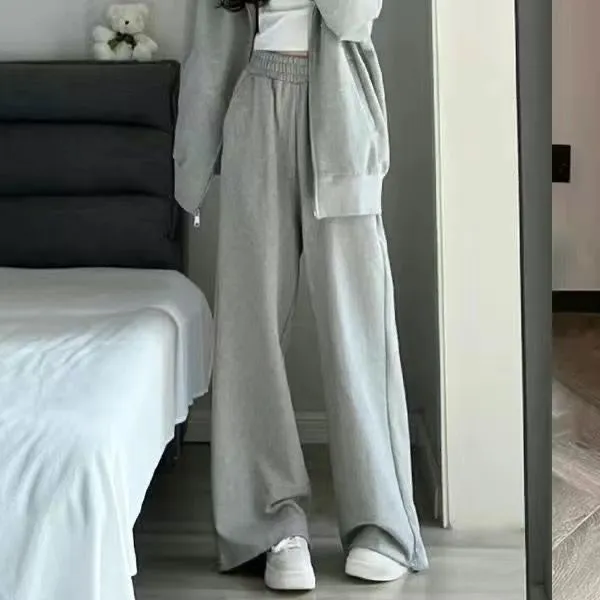 Autumn And Winter Loose Lazy Style Hooded Jacket Student Korean Version Wide leg Pants Casual Two piece Set Gray Pants Single Piece - Shop at LoveMi
