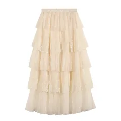 Embroidered Lace Mesh Skirt Cake A- Line Skirt - Red - View 1