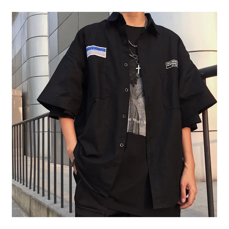 Ins Style Retro Workwear Shirt Short Sleeve Shirt For Women - Black