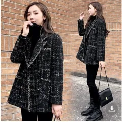 Womens Loose Fit Plaid Wool Coat - Black - View 1