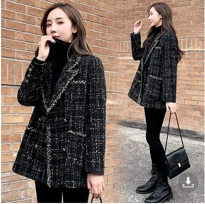 Womens Loose Fit Plaid Wool Coat Black - Shop at LoveMi