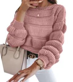 Women's Sweater Casual Round Neck Pullover Long Sleeve Loose Quality Thick Knitted Cute Top - Pink - View 1
