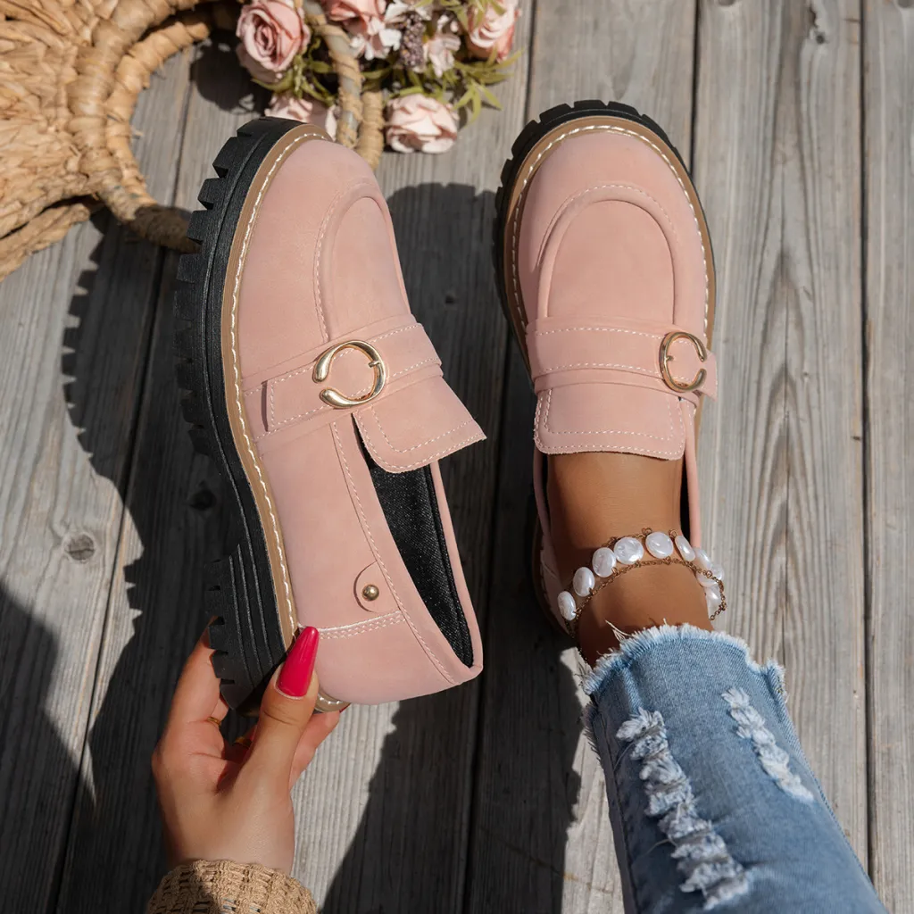 Buckle Thick Bottom Low Cut Round Head Pumps - Pink