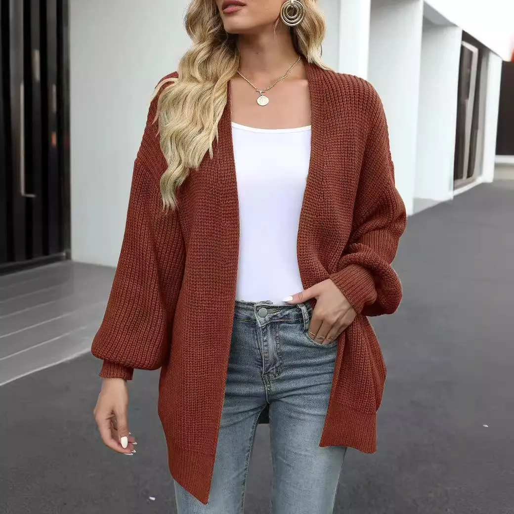 Women's Lantern-sleeved Chunky-knit Cardigan Sweater Coat