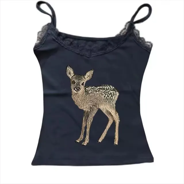 Women's Retro Easy Matching Deer Printed Lace Top Shorts Black Camisole 2 - Shop at LoveMi