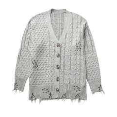 Autumn Women's Fashion Loose Rivet Ornament Woven Knitted Coat - View 1