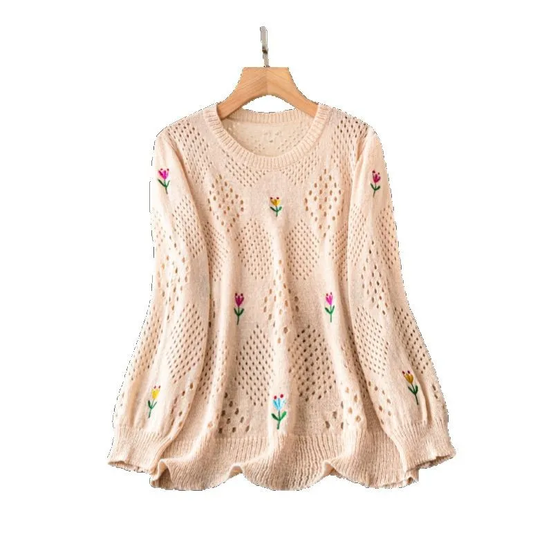 Casual Flower Embroidered Long Sleeve Round Neck Hollow Out Sweater - Red
