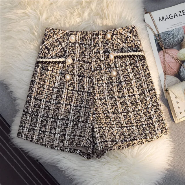 High Waist Slimming Tweed A line Shorts Brown - Shop at LoveMi