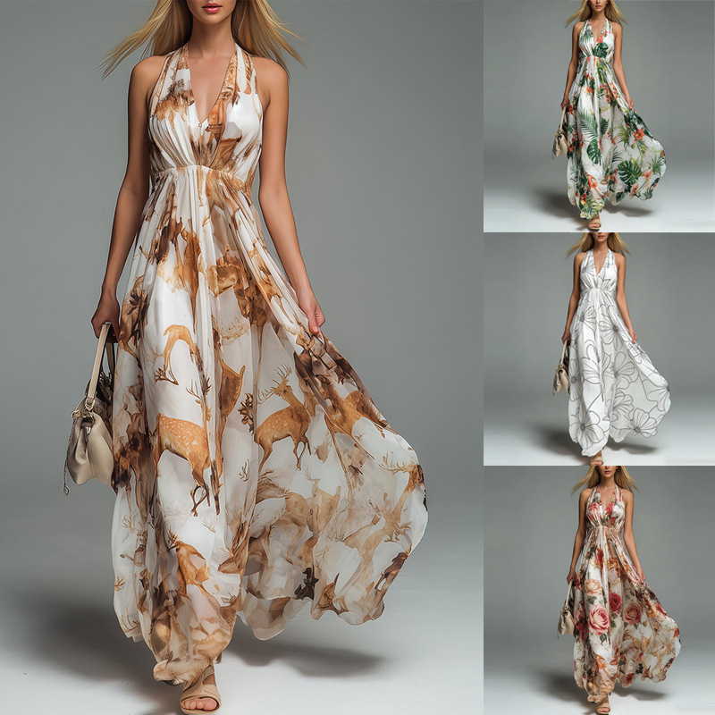 V-neck Halter-print Casual Dress Long Skirt