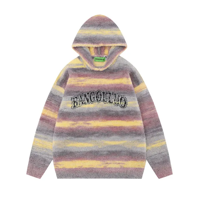 Sweet Contrast Color Gradient Striped Couple Hooded Knitted Top Sweater Gradient Yellow - Shop at LoveMi