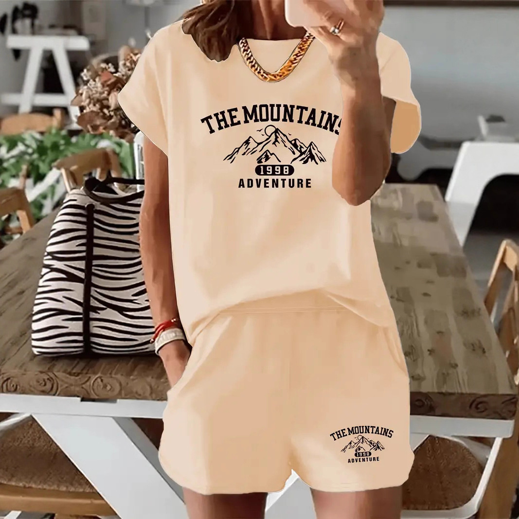 Casual Crew-neck Short-sleeve T-shirt And Shorts Sports Set With Letter Print