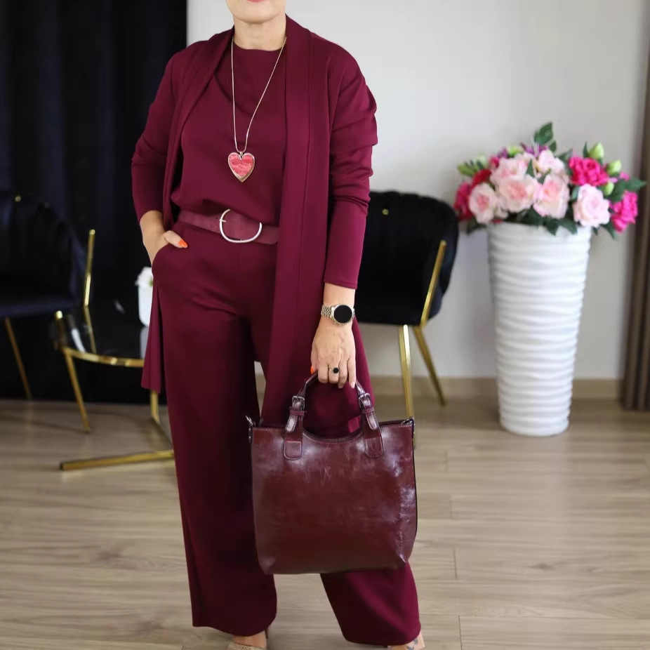 Womens 3-Piece Solid-Color Crew-Neck Long-Sleeve Top Set