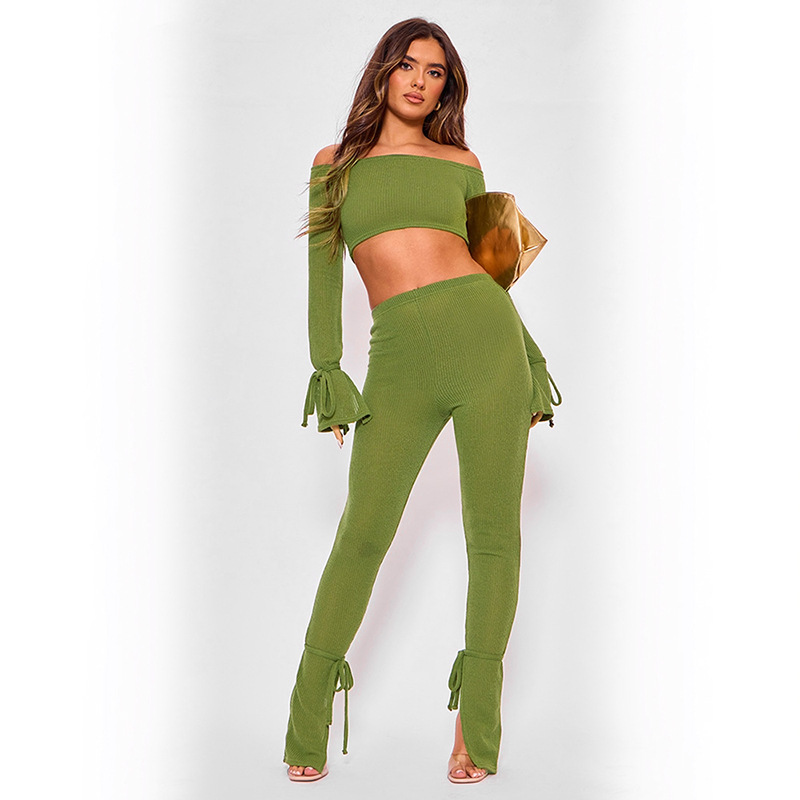 Women's Clothing Sexy Off-the-shoulder Midriff-baring Long Sleeve Top High Waist Trousers Lace Up Suit