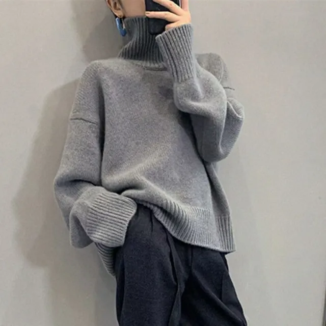 Women's Turtleneck Sweater Pullover Loose Base Gray - Shop at LoveMi