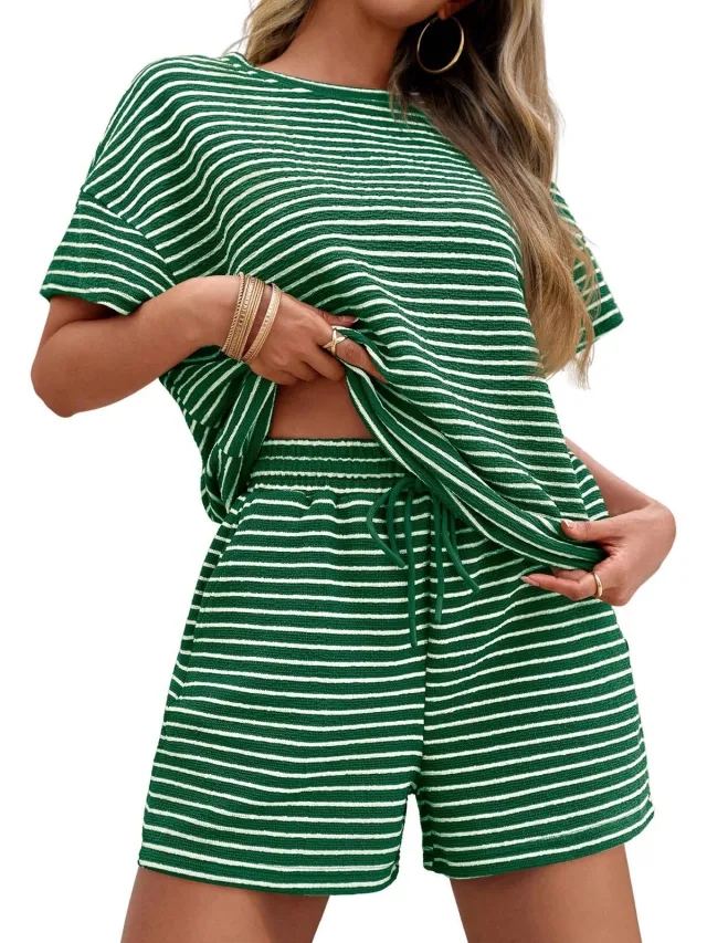 Casual Suit Striped Short Sleeve T shirt Drawstring Shorts Suit Green - Shop at LoveMi
