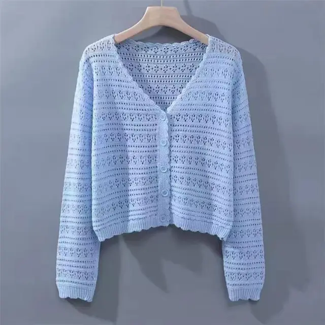 Loose Hollow Knitted Air Conditioning Shirt Sky Blue - Shop at LoveMi