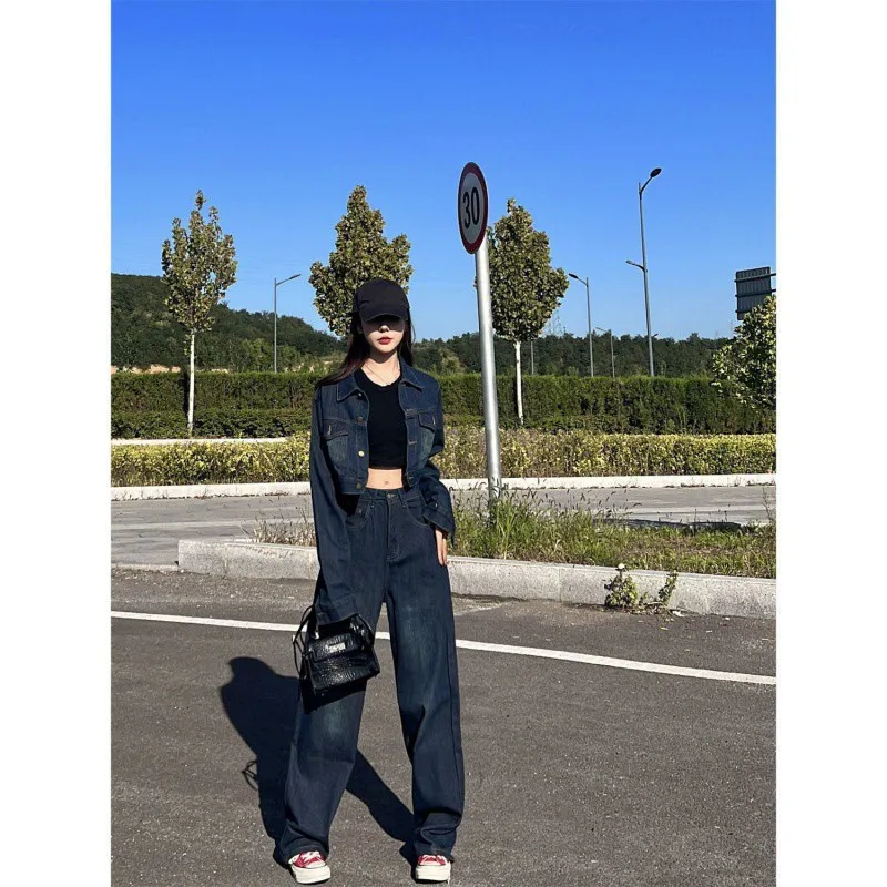 American Campus Denim Coat Jacket Mopping Wide Leg Jeans - Pants