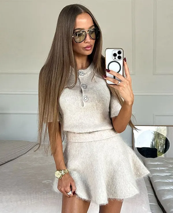 Women's Round Neck Short Sleeve Sweater Skirt Suit One Set M - Shop at LoveMi